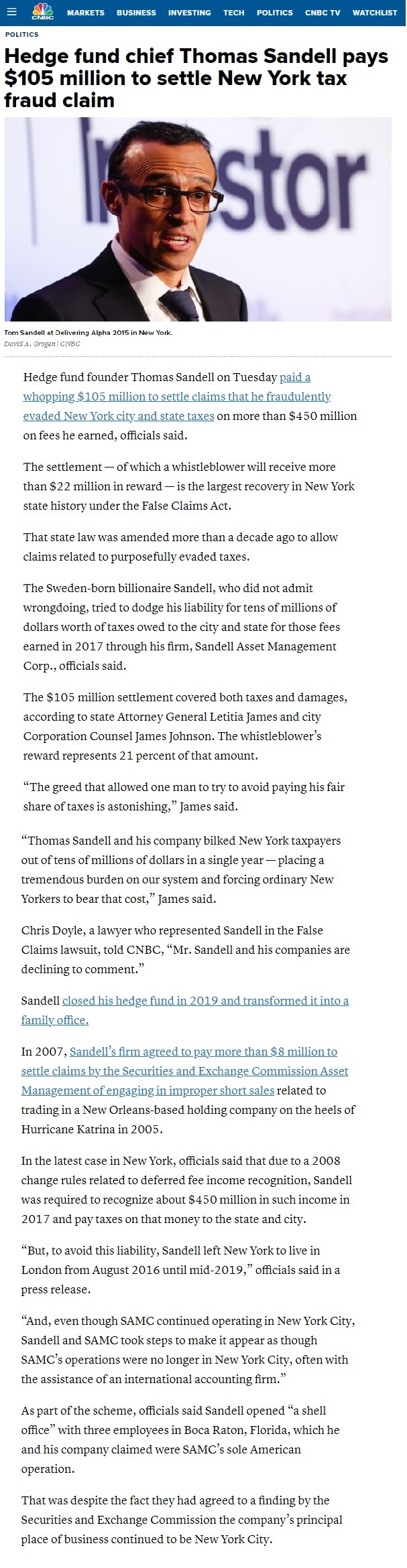 CNBC - Hedge fund chief Thomas Sandell pays $105 million to settle New York tax fraud claim